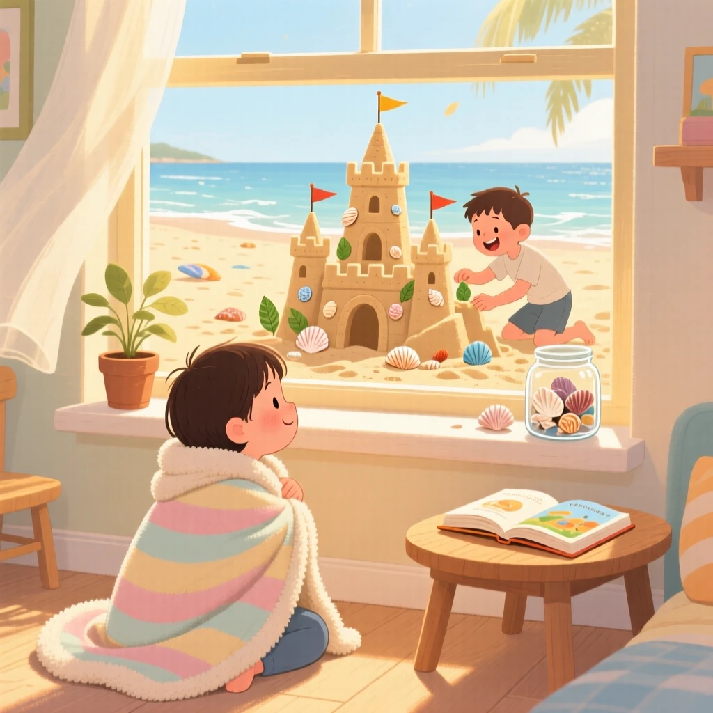 A child wrapped in a cozy blanket spends the afternoon building a sandcastle at the beach with her older brother, as golden afternoon light streams through the window.