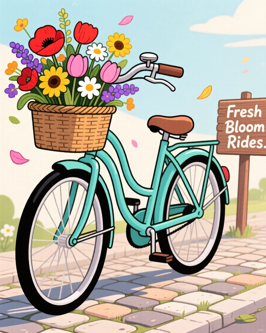 A vintage bicycle with a basket full of fresh flowers.