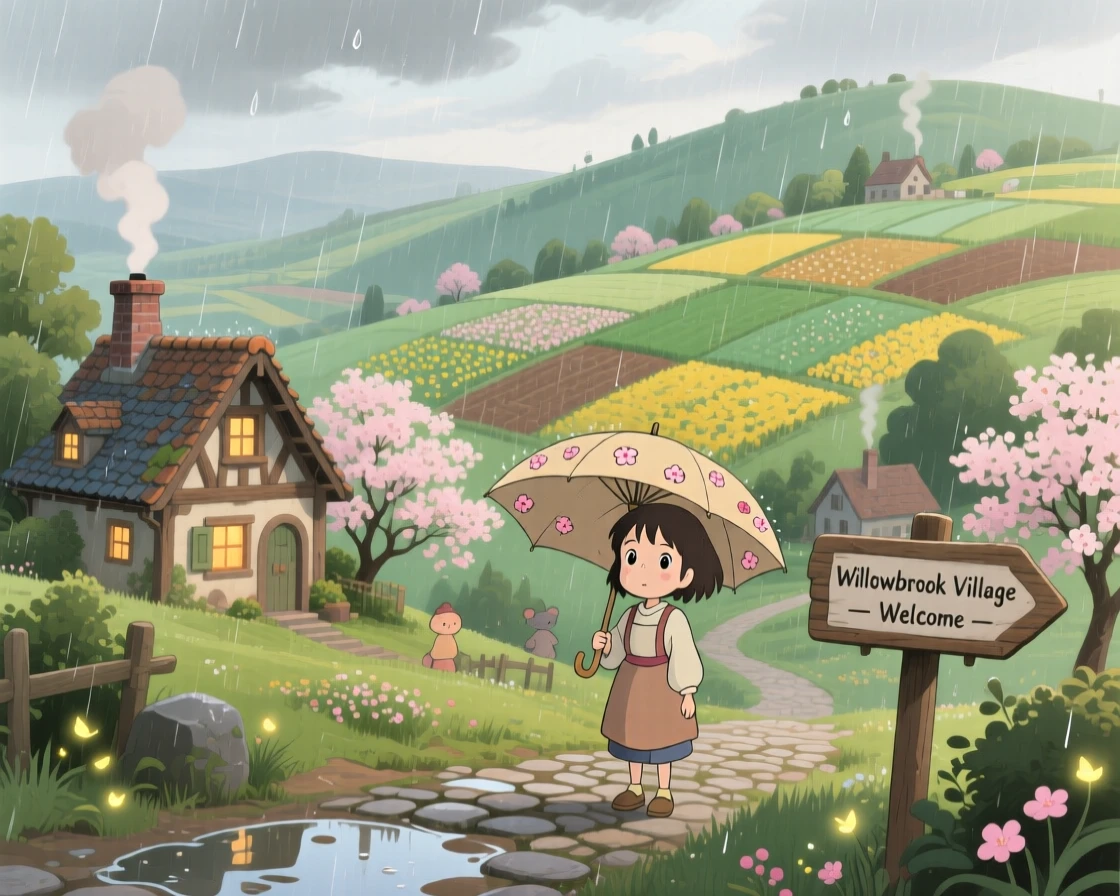 A hillside village overlooking a patchwork of fields, with smoke curling gently from chimney tops, during a light spring shower.