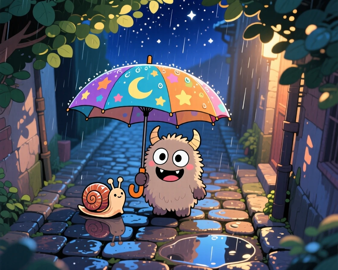 In a rainy cobblestone alley, a small fuzzy monster is sharing its umbrella with a snail under a starry midsummer night sky, bathed in dappled sunlight through a canopy, expression full of playful mischief. Shot as a bird's-eye view.