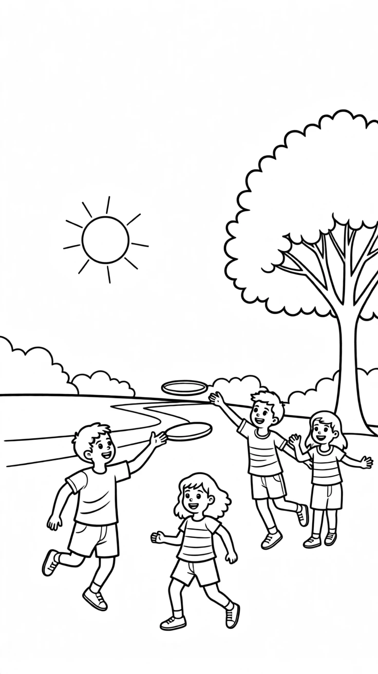 A group of kids playing frisbee in a sunny park