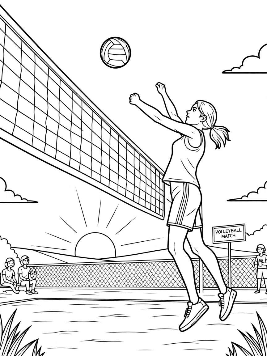A volleyball player spiking the ball at the net, with the sun setting behind the field.