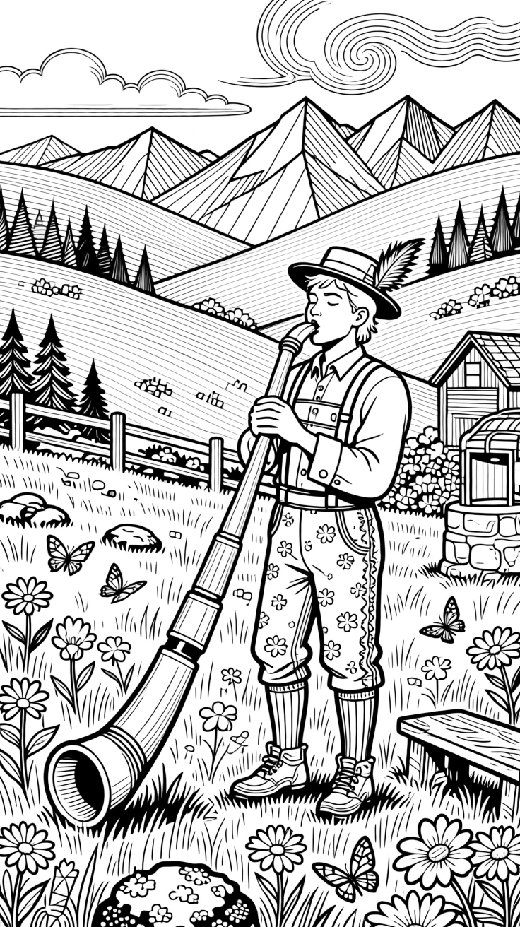 A yodeler scene set against alpine pastures.