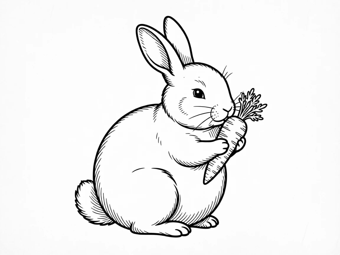 A round bunny with a fluffy tail nibbling a carrot
