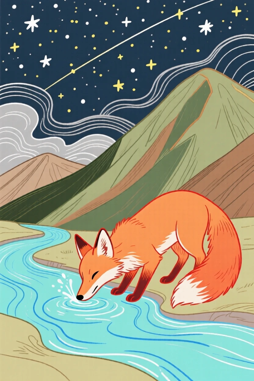 A curious fox drinking from a stream beside a mountain stream under a clear starry sky.