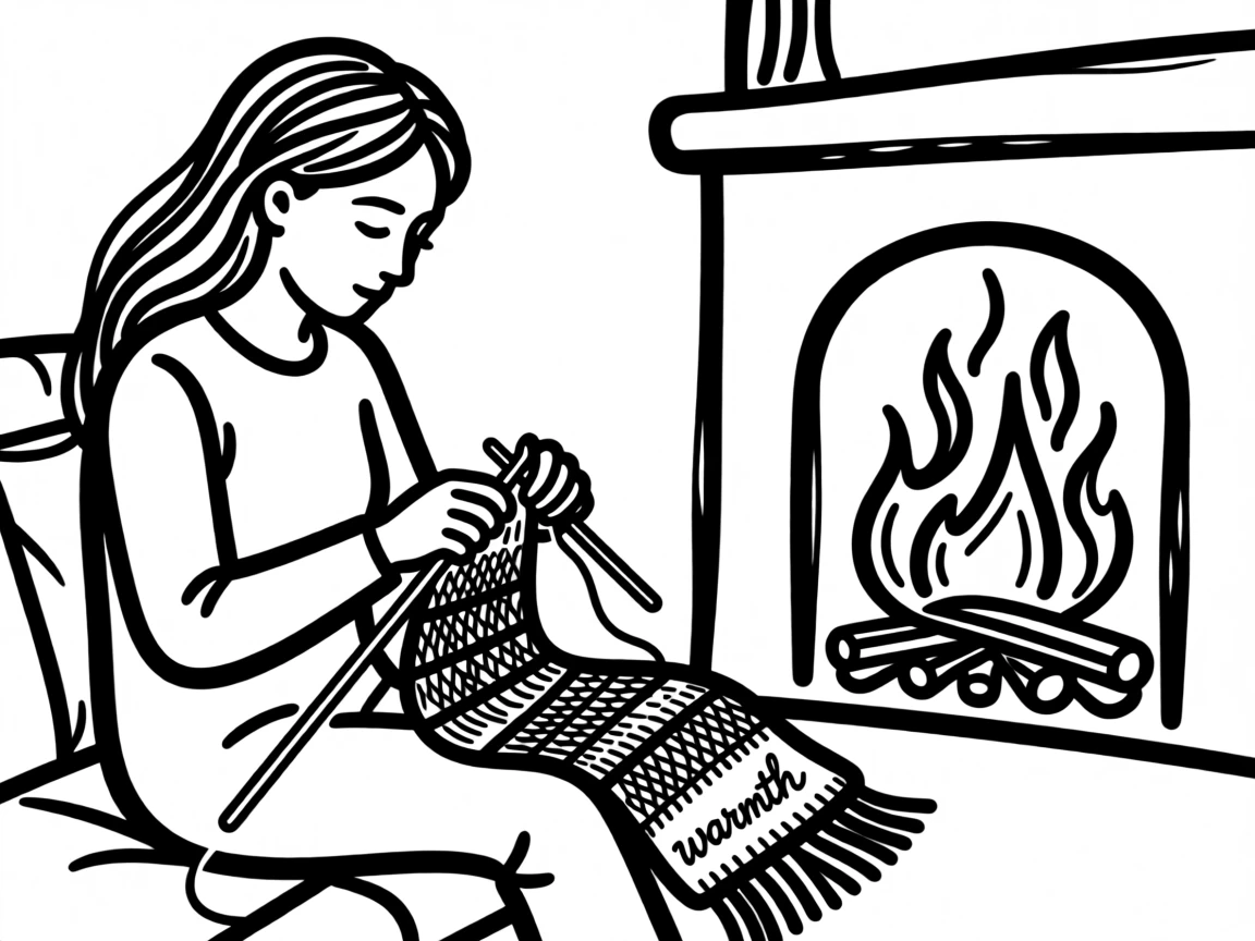 A knitter working on a colorful scarf beside a cozy fireplace.