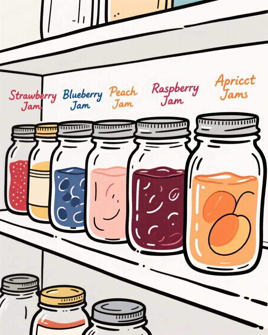 A row of mason jars filled with homemade jam on a pantry shelf.