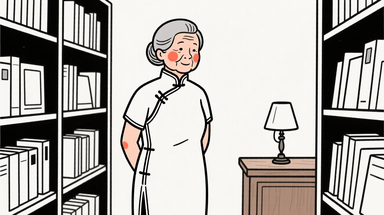 A proud grandmother wearing a Chinese qipao, inside a vintage bookstore.