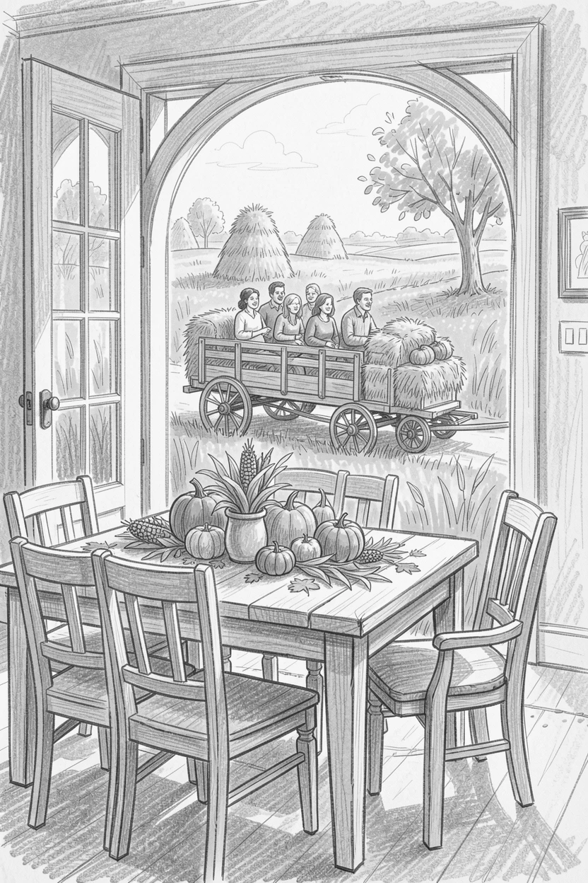 A festive scene of a autumn hayride through golden fields in a beautifully set dining room, with an atmosphere of celebration and togetherness.