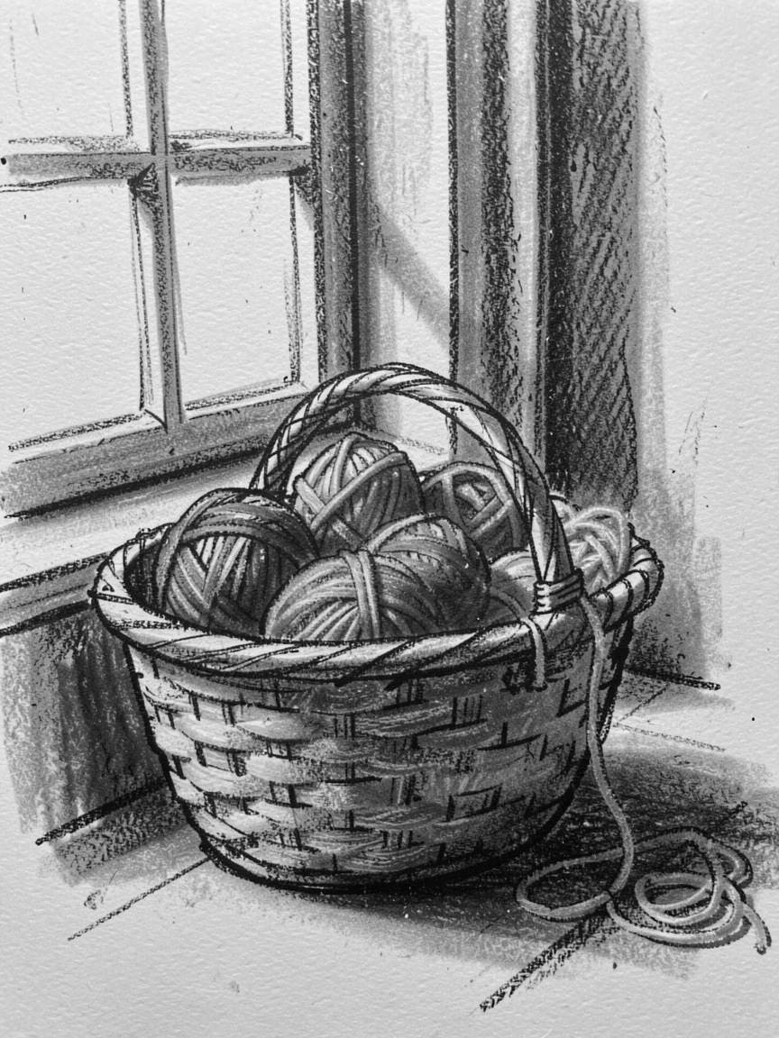 A knitting basket filled with colorful yarn beside a window, in a moment of quiet togetherness.