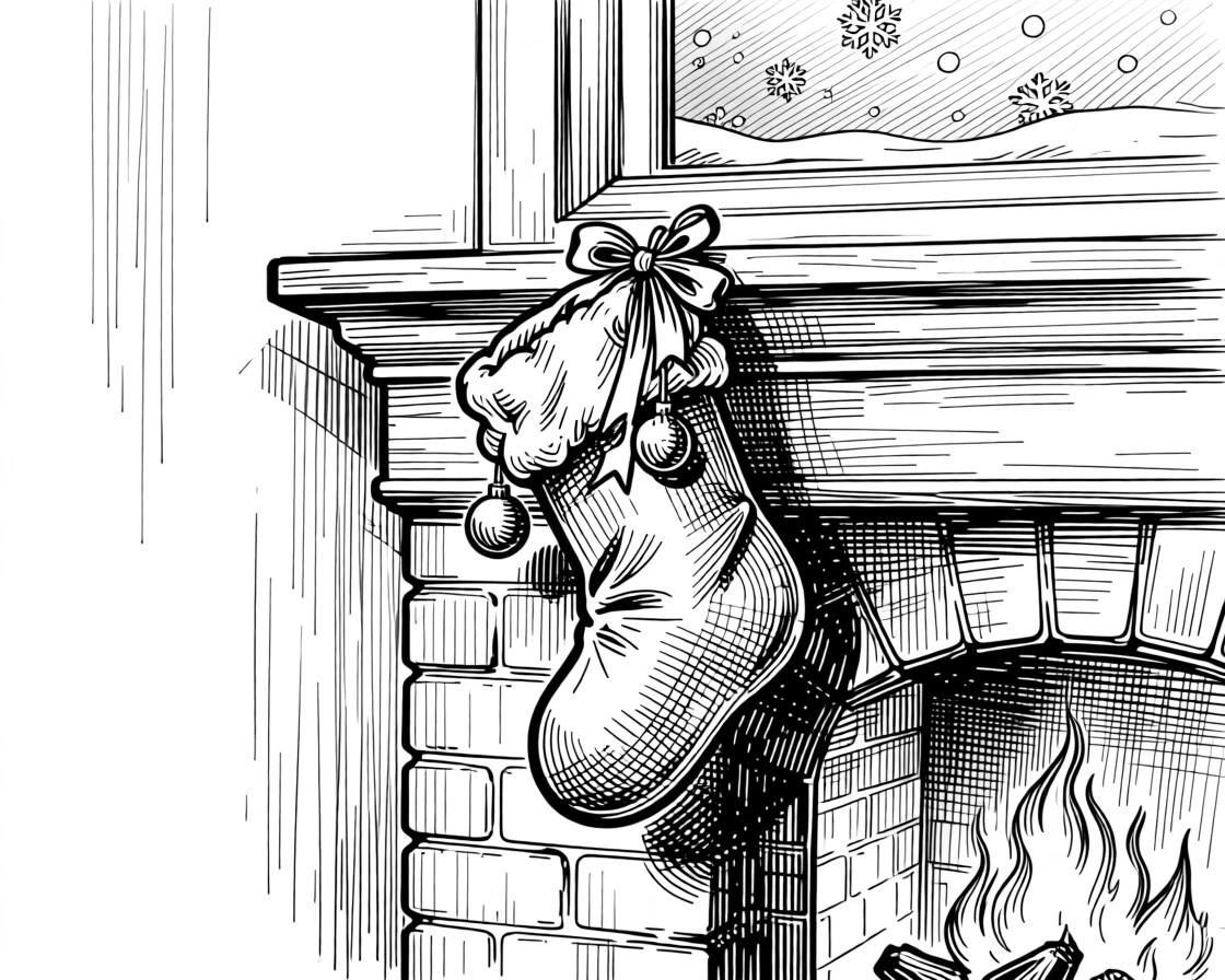 A cozy stocking hung by a fireplace as snow gently falls outside the window, with ribbons and ornaments catching the light, capturing a cozy and heartwarming seasonal moment.
