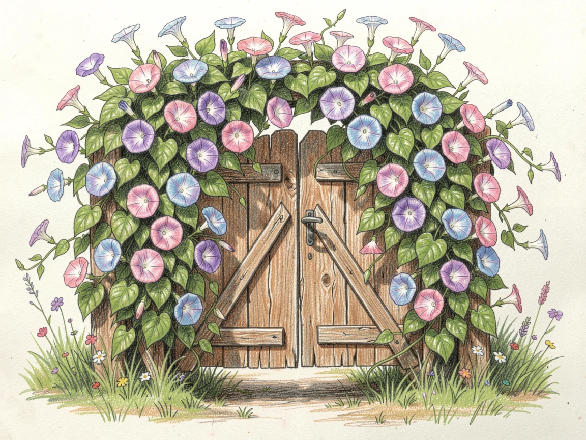 A rustic garden gate covered in climbing morning glory vines, with rich, inviting textures throughout the scene, designed to feel inviting, memorable, and shareable.