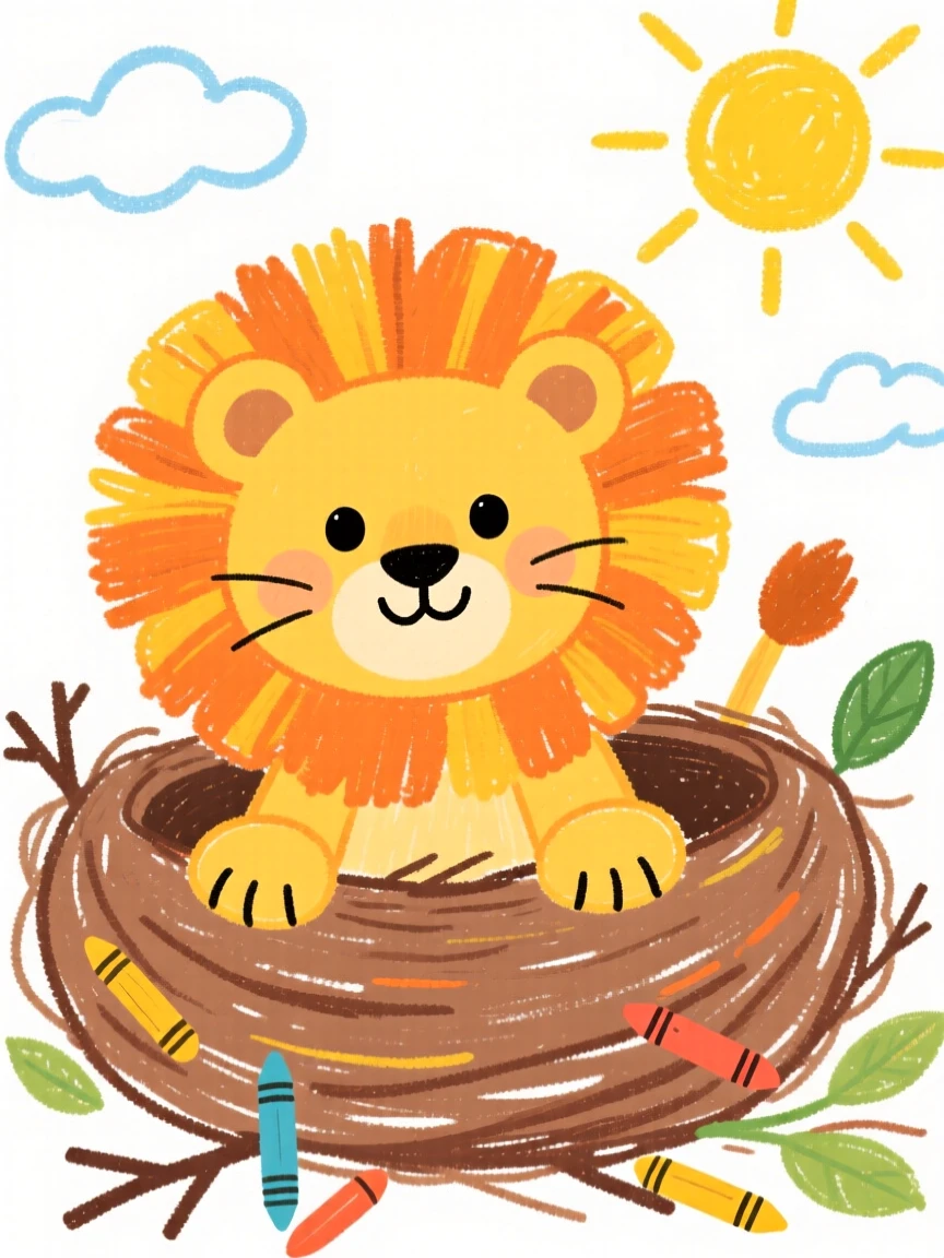 A fuzzy lion cub peeking over the edge of its nest.