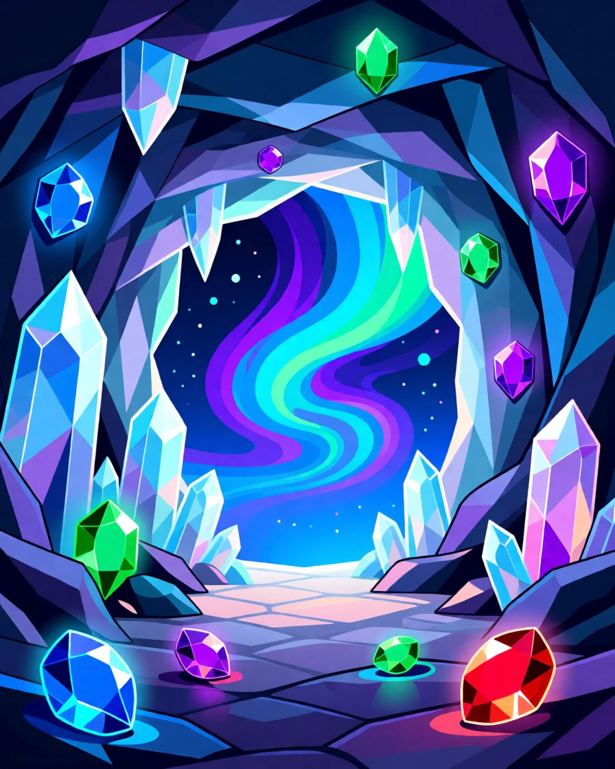 A crystal cave filled with glowing gemstones and magical light, set against a backdrop of glowing aurora colors, composed with a fairy-tale storybook quality, with rich jewel tones that evoke wonder and imagination.