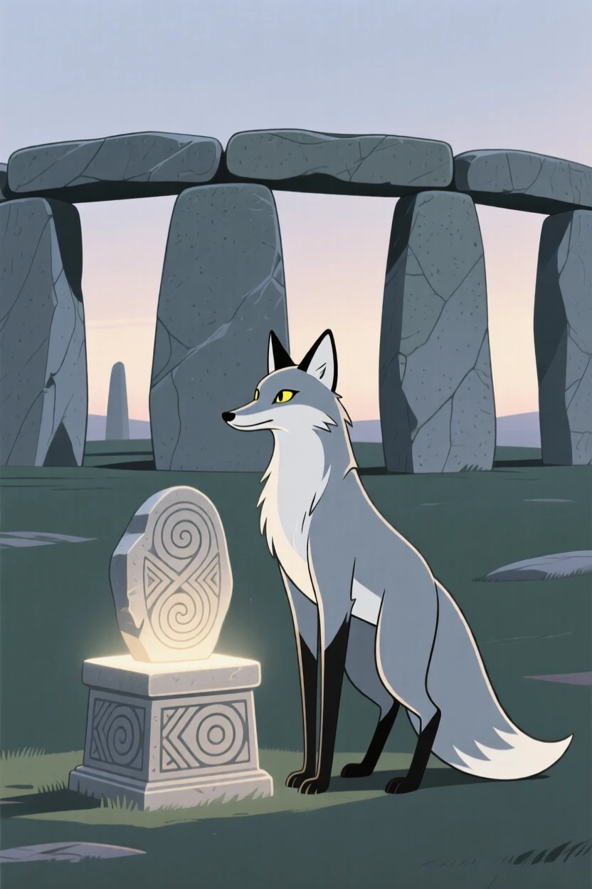 A talking fox spirit guarding an ancient relic near an ancient stone circle.