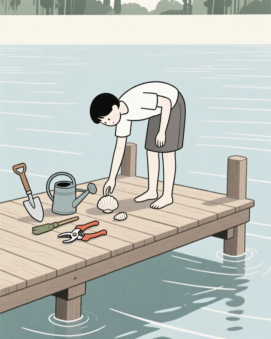 A person collecting seashells on a beach in a lakeside dock, surrounded by gardening tools, showing peaceful absorption.