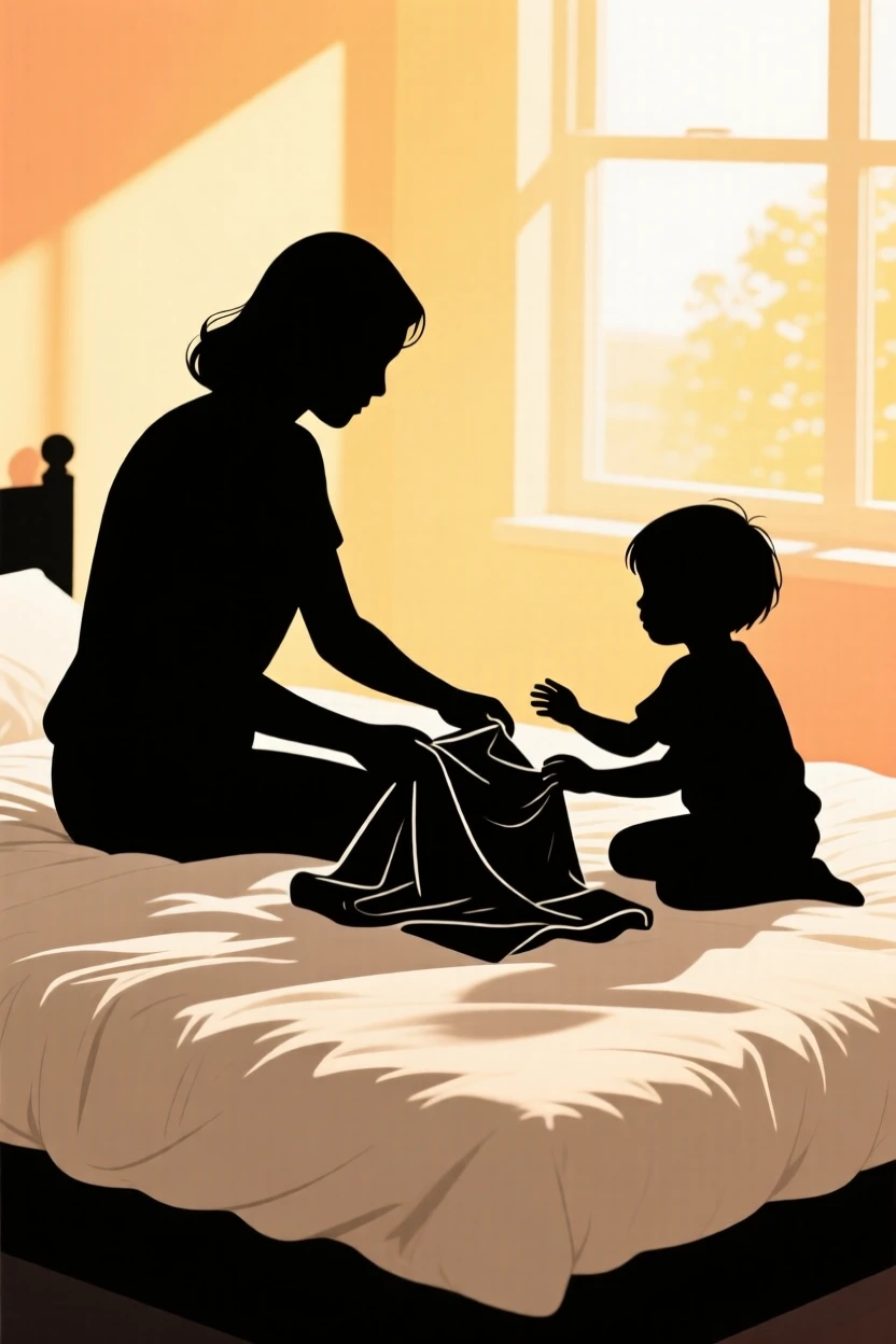 A mother and child folding laundry together on a bed covered in sunlight.