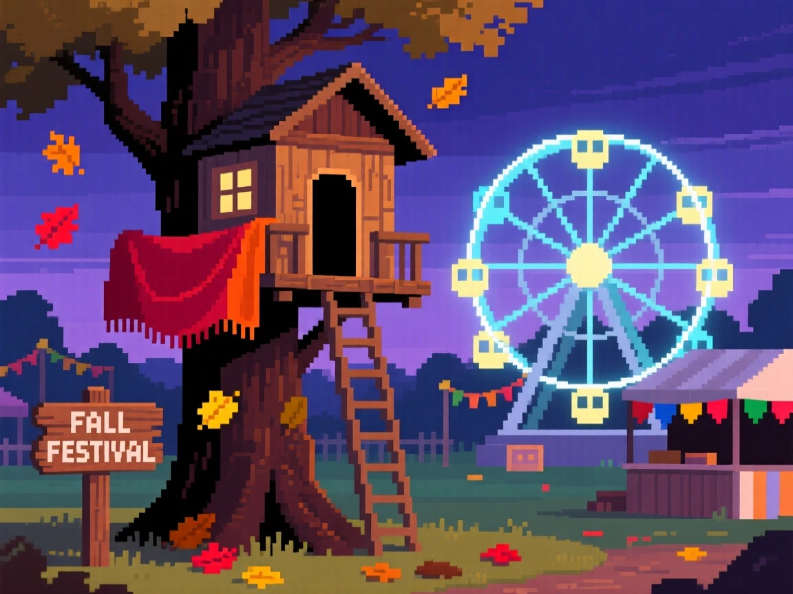A treehouse built by neighborhood kids wrapped up against the evening chill, at a small-town fair with a ferris wheel.
