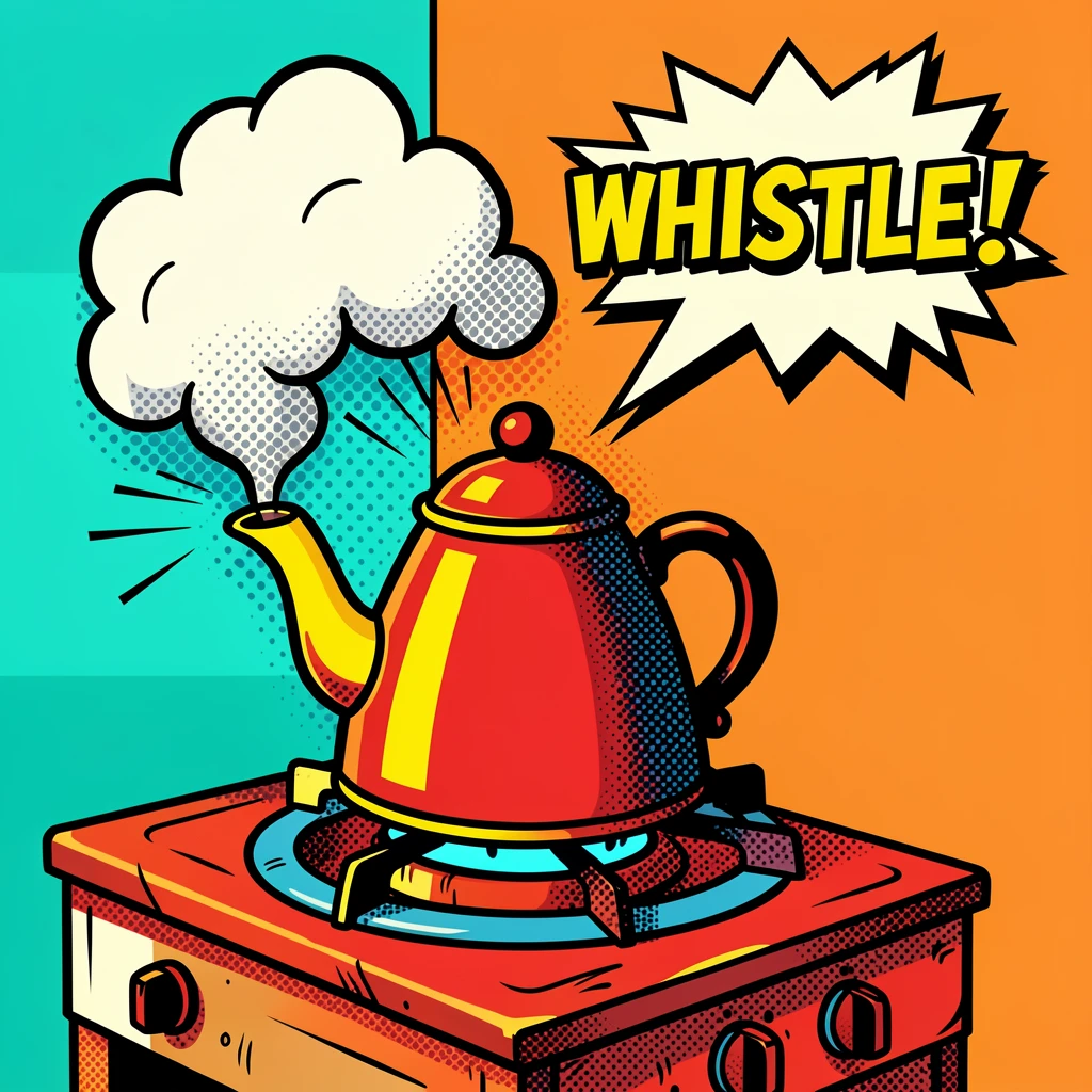 A steaming kettle whistling on a rustic stovetop