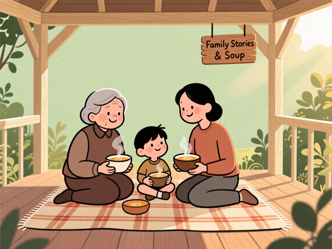 Three generations of a family gather around a picnic blanket in the garden gazebo, sharing steaming bowls of soup and stories as the afternoon sun warms the room.