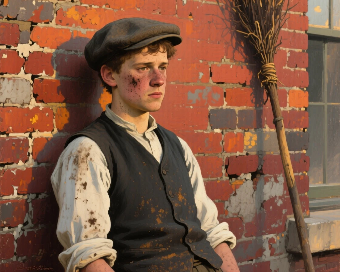 A close-up portrait of a chimney sweep resting against a brick wall, soot on his cheeks, in late afternoon, in the early 1900s.
