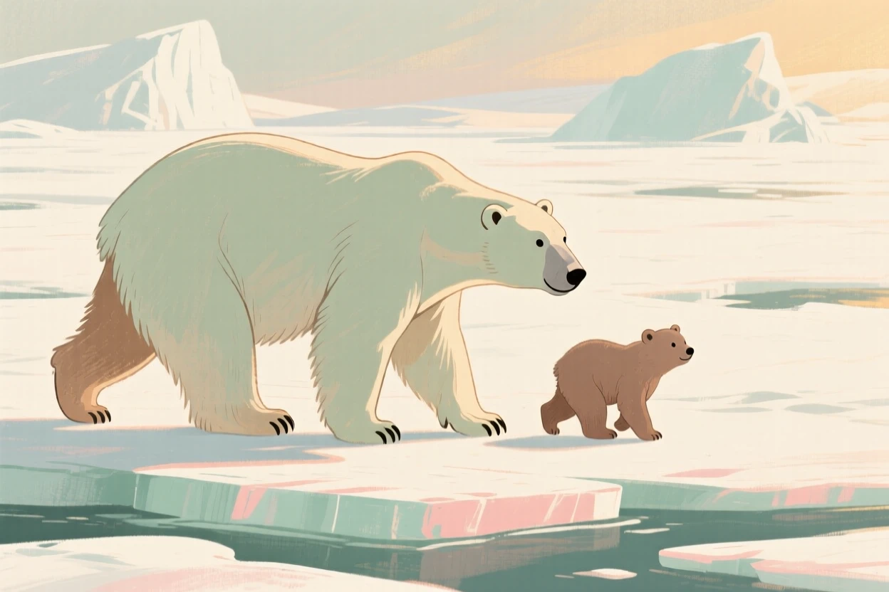 A polar bear and her cub walking across arctic ice