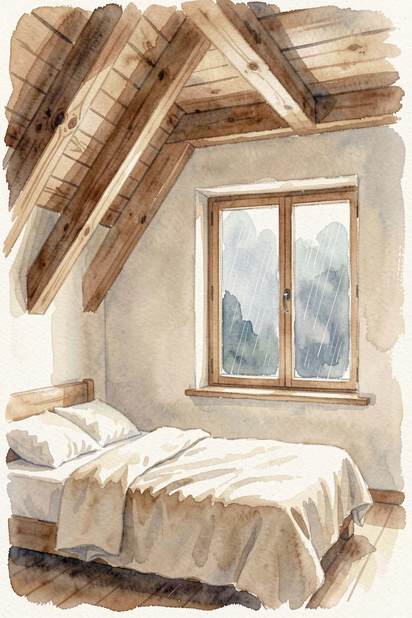 A loft bedroom with exposed wooden beams with rain visible through the window.