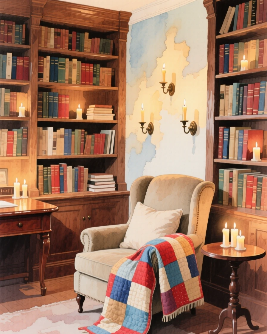 A charming view of a book-lined study, with candles flickering on every surface, featuring a quilt folded over the arm of a chair
