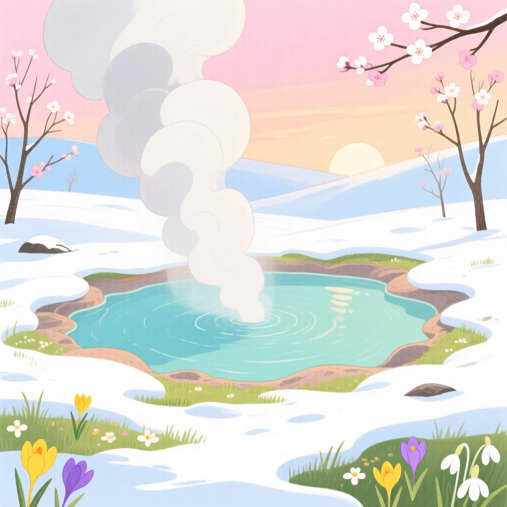 A panoramic scene of a hot spring steaming in a snowy landscape at first light in spring.