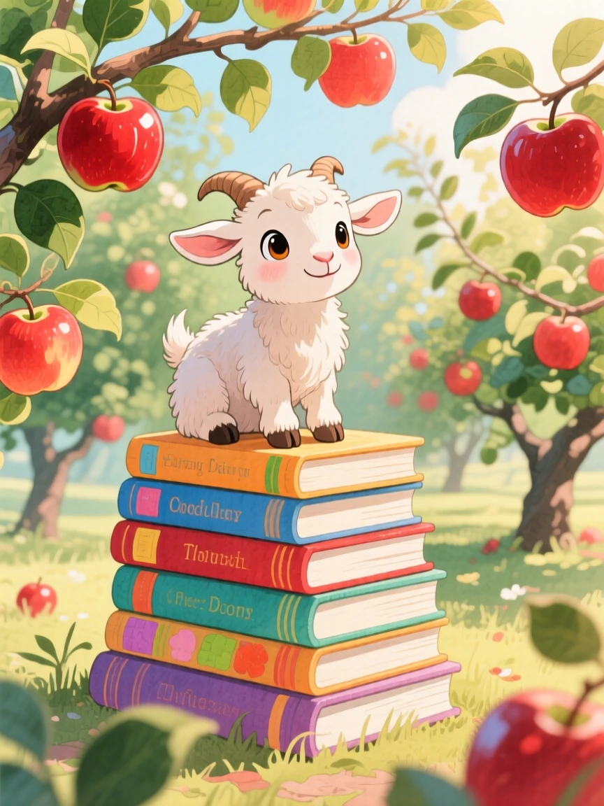 A baby goat sitting proudly atop a stack of storybooks, set in an orchard heavy with ripe apples, filled with wide-eyed wonder.