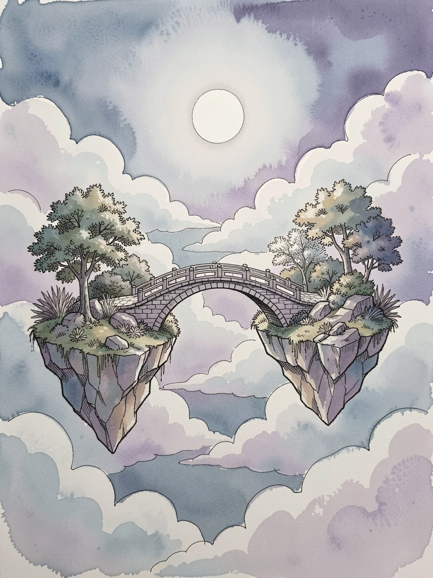 A moonlit bridge arching between two floating islands in the clouds, a soft magical glow illuminating the entire scene.