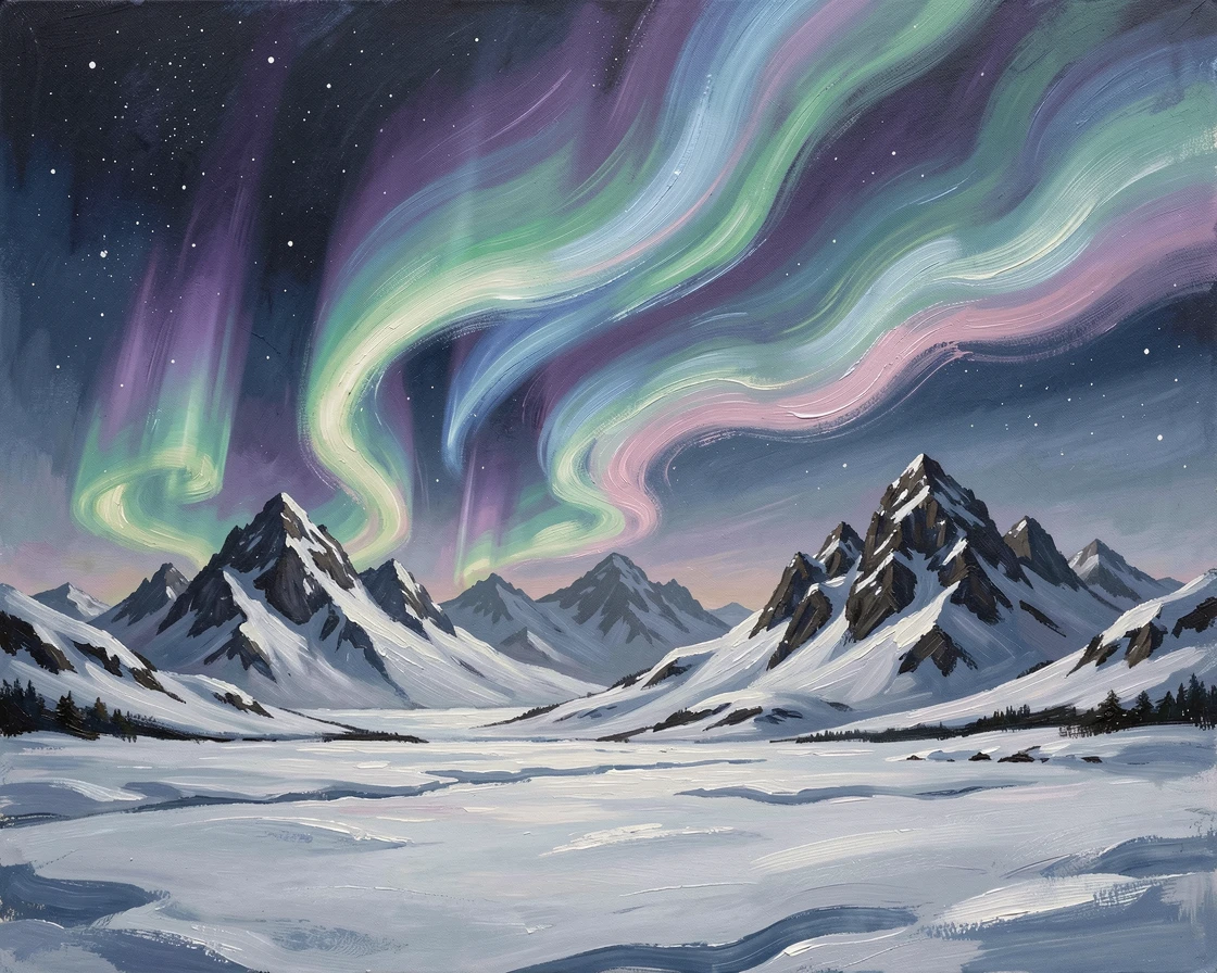 In the hushed stillness of the early morning hours, the aurora borealis dancing above a snow-covered landscape, over a rugged mountain range silhouetted in darkness, gentle waves of color rippling across the sky.