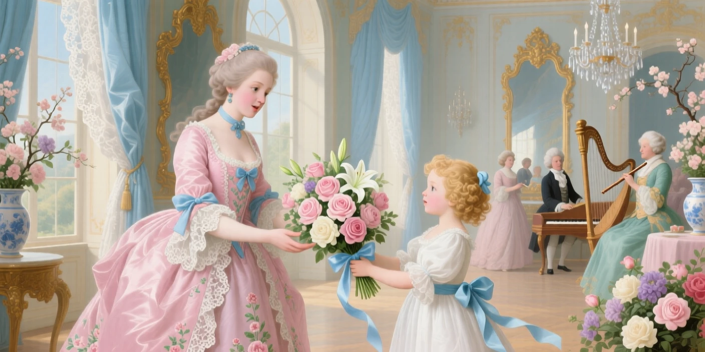 A princess receiving a bouquet from a child during a palace celebration  