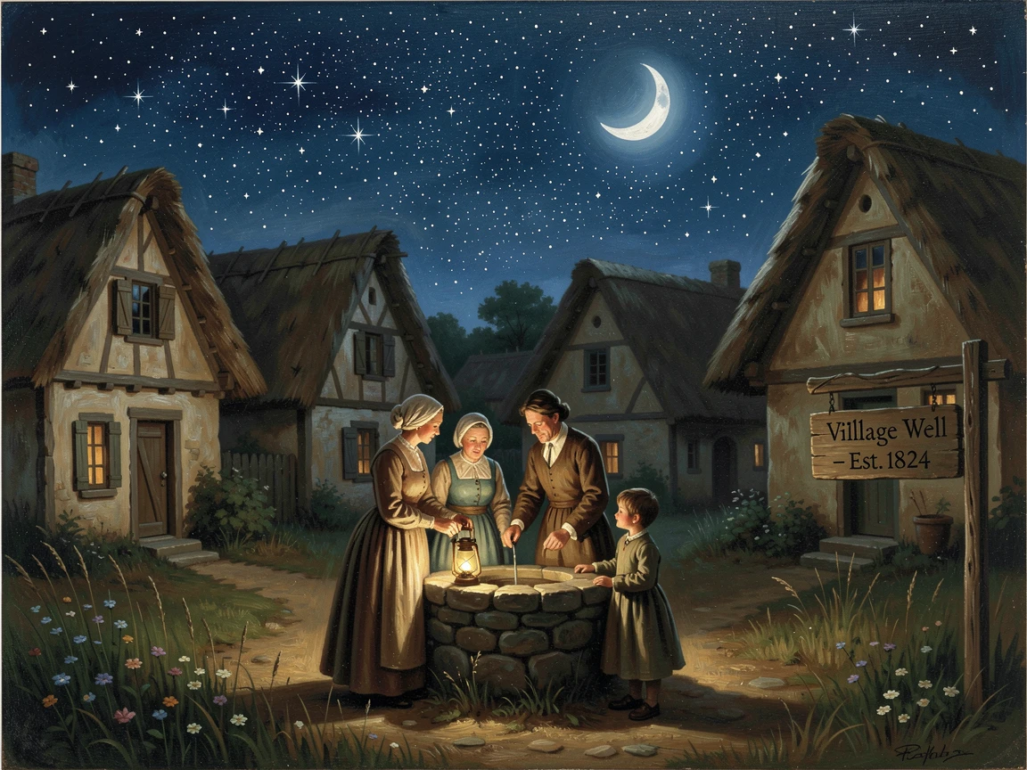 A family gathers at the well in a quiet thatched-roof village under a canopy of stars.