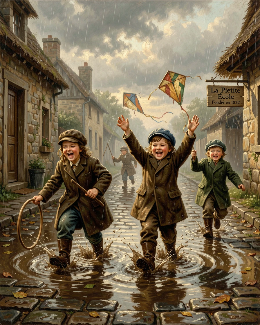 A springtime rain shower with children splashing joyfully in puddles, with warm, inviting light glowing throughout the scene, evoking cherished holiday memories and nostalgic feeling