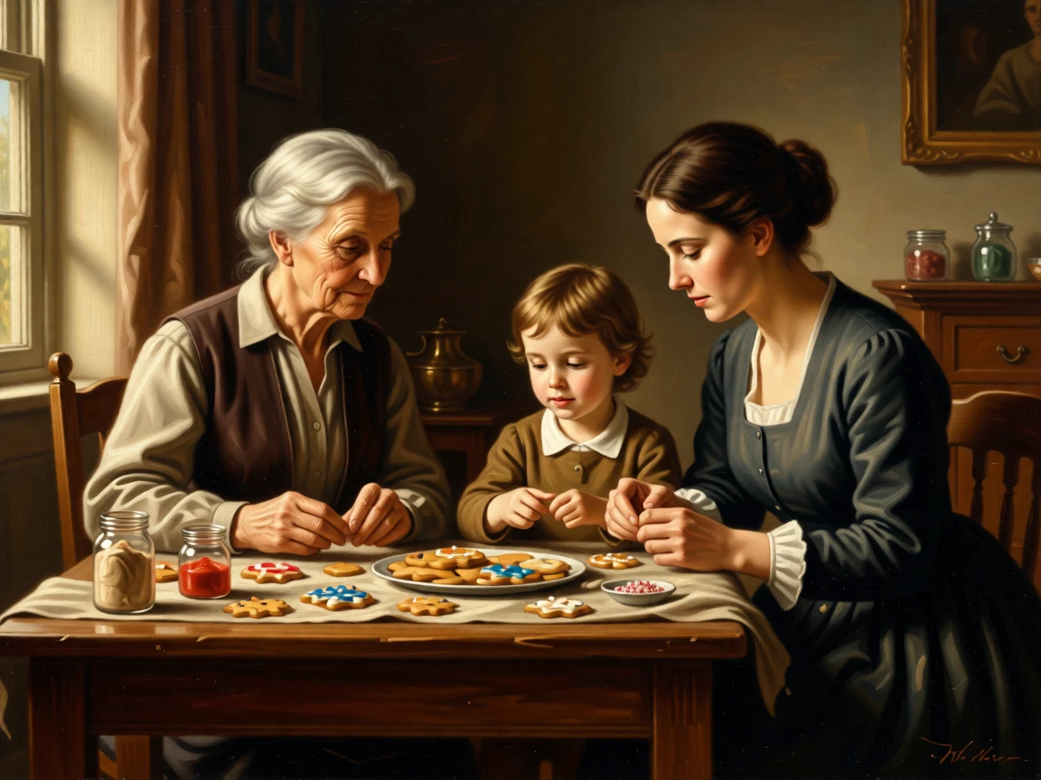 Three generations gathered around a table decorating holiday cookies in a scene glowing with warmth and quiet devotion, set within a cozy home lit by late afternoon sun, with small, telling gestures like a held hand or a shared glance; warm, low light wraps the family in a comforting glow, evoking pure, unguarded tenderness and love.