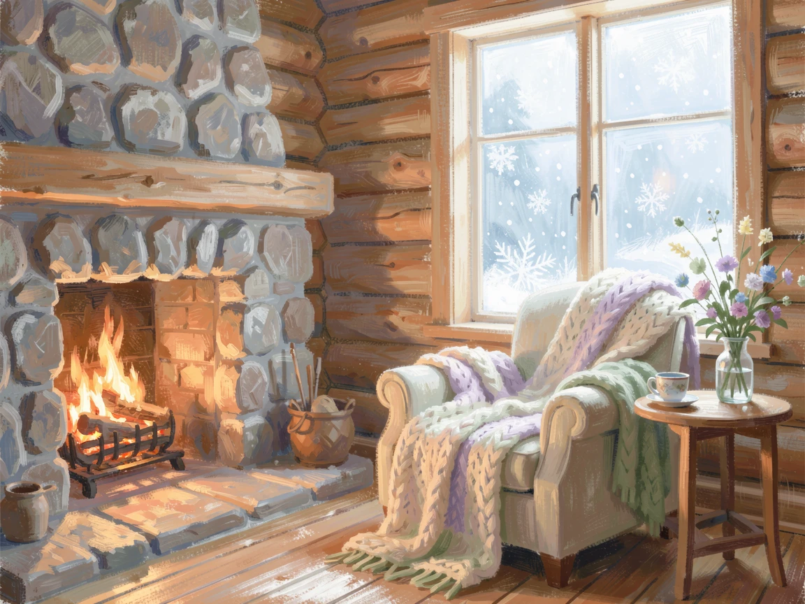 A cozy cabin living room with a stone fireplace, knitted blankets, and snow falling softly outside the window, radiating serenity and gentle stillness.