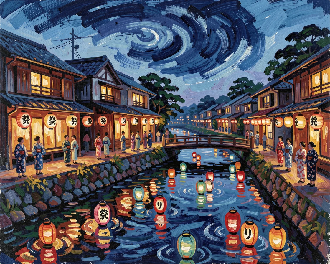 A traditional Japanese festival with paper lanterns floating down a quiet river.