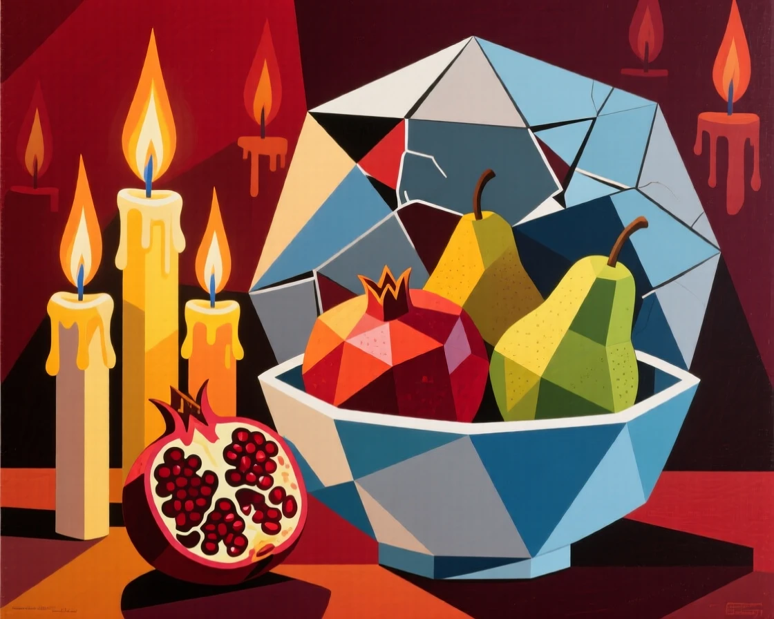 A cluster of candles flickering beside a bowl of pomegranates and pears.
