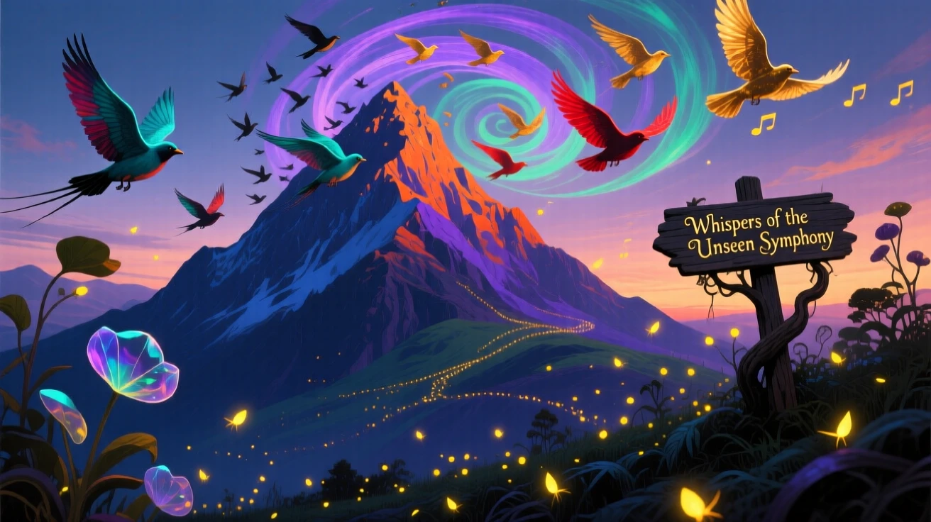 A mountain whose peak dissolves slowly into a flock of birds hums faintly with a low, unseen music, as fireflies drift like scattered stars through the air.