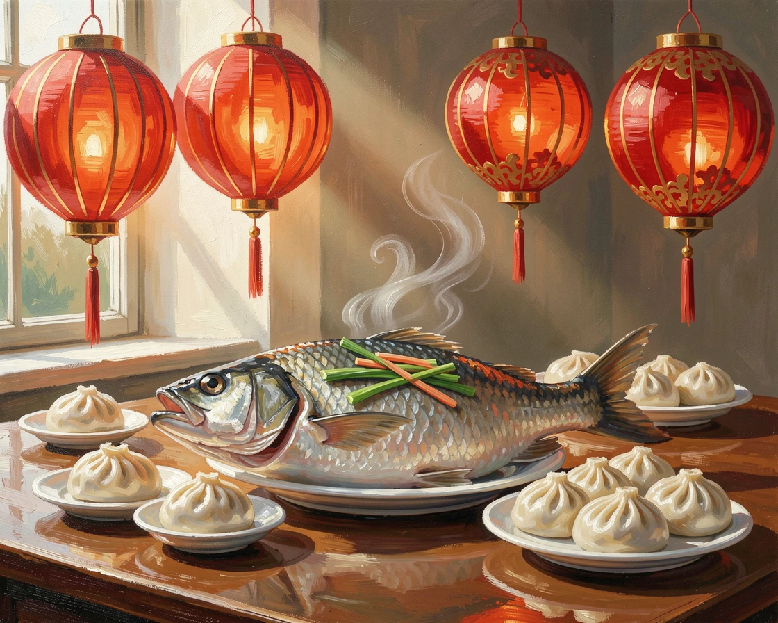 A festive Lunar New Year table displays a whole steamed fish, dumplings, and glowing red lanterns hanging above the feast, natural light gently highlighting the colors and shapes of the dish from above.