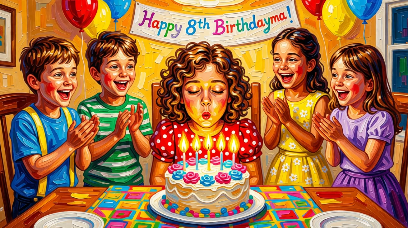 A young girl blowing out candles on a birthday cake surrounded by joyful friends