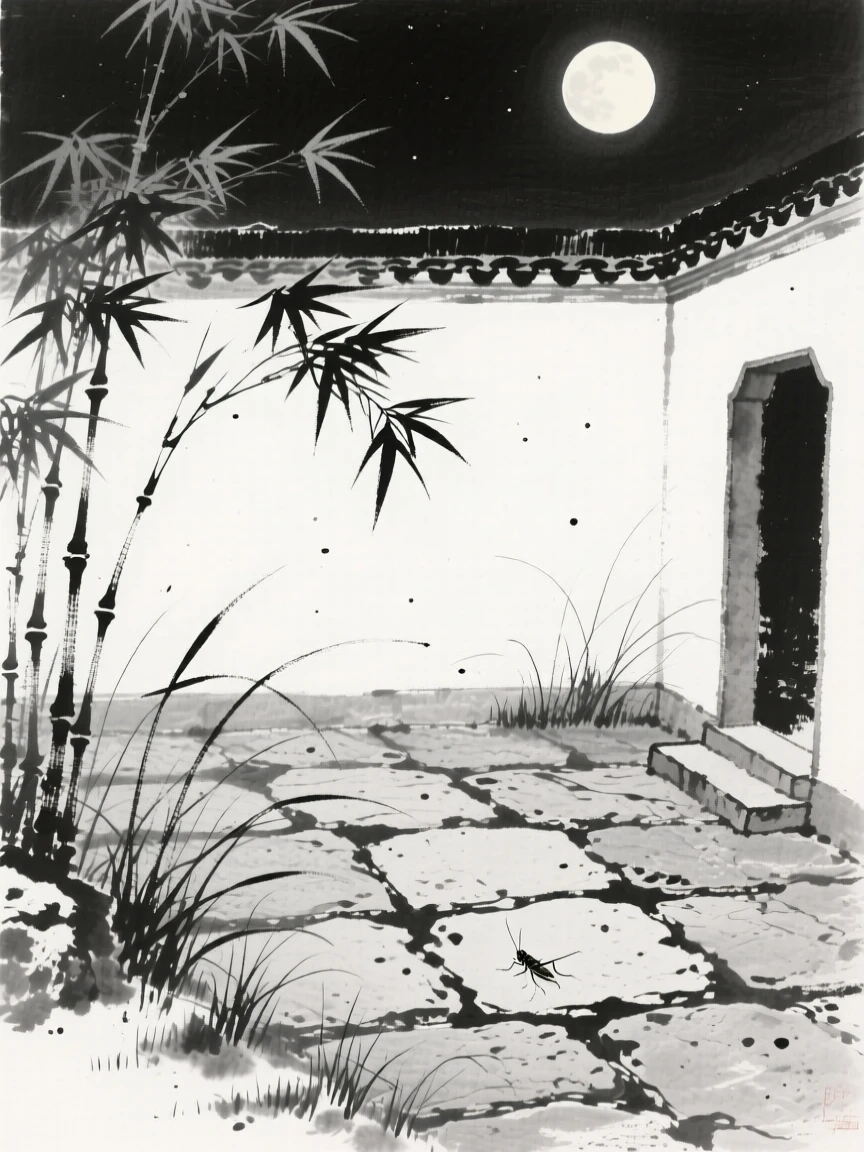 Moonlight filters through bamboo leaves onto a quiet stone courtyard, as crickets sing softly from the surrounding grass.
