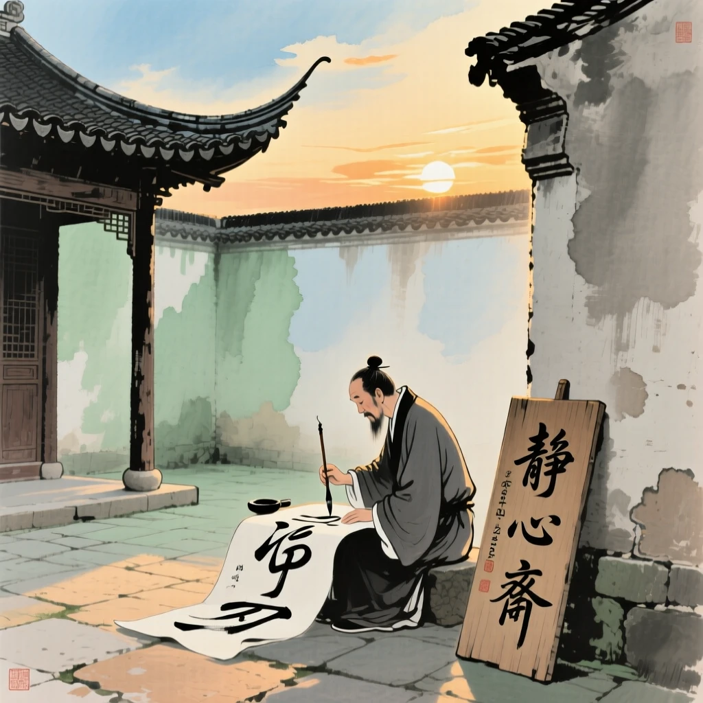 A calligrapher practicing brushstrokes in a quiet courtyard at dawn, in the last golden light of day.