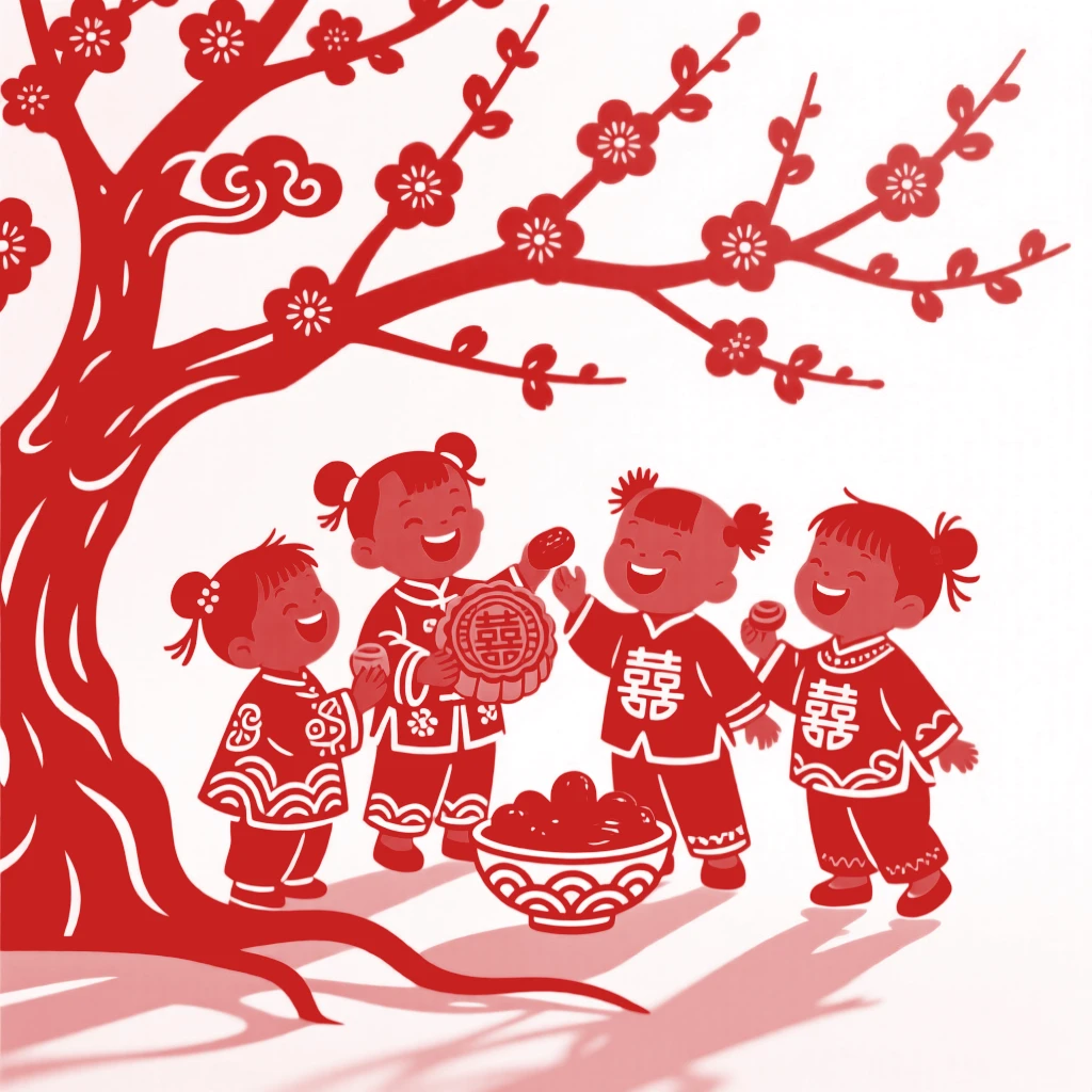 A group of laughing children, sharing a treat beneath a blossoming tree, a warm afternoon sun casting long gentle shadows.