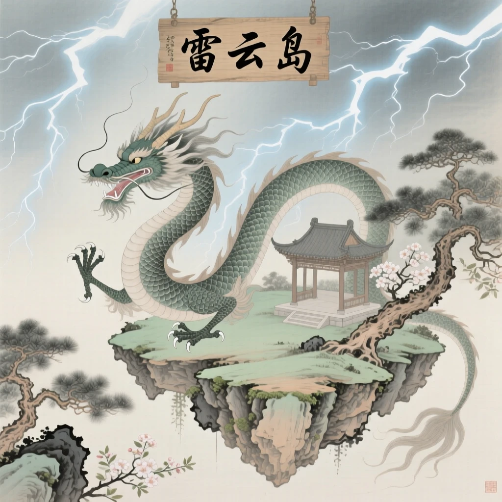 A thunder dragon crackling with faint lightning around a floating island in the sky