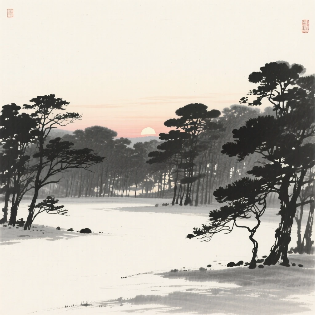 A quiet forest clearing dappled with soft light in the stillness just before sunrise, composed with wide open space above to emphasize the scale of the sky, evoking a deep sense of solitude and quiet grandeur.