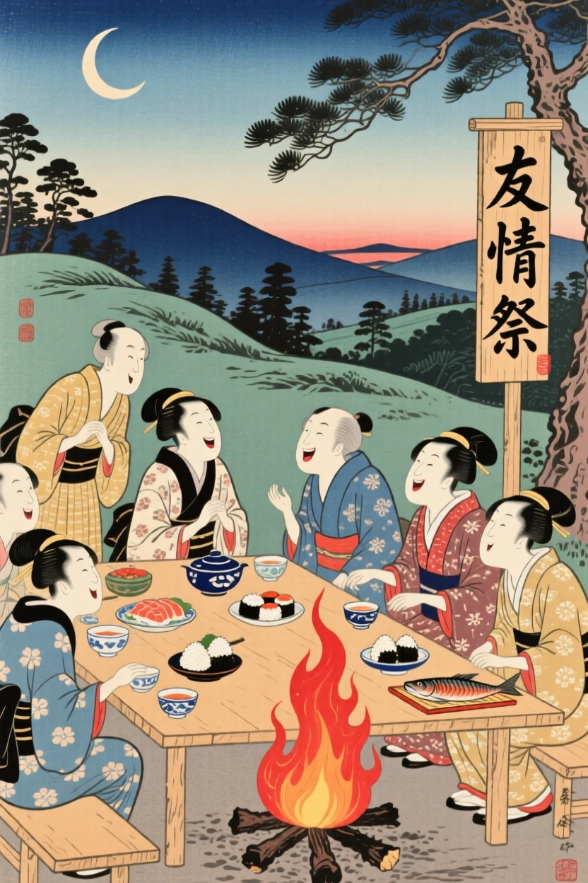 Neighbors at a long table laughing together around a warm campfire.