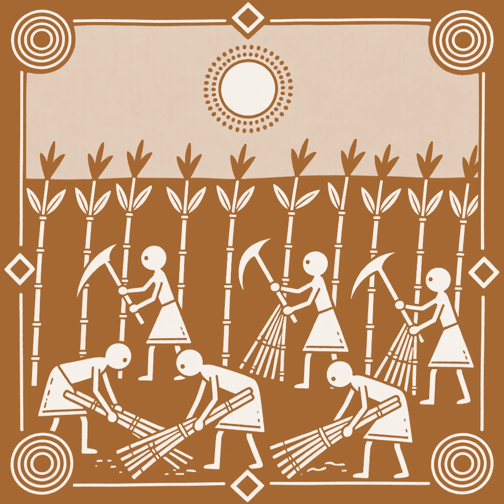 A group of harvesters harvesting sugarcane under a wide open sky.