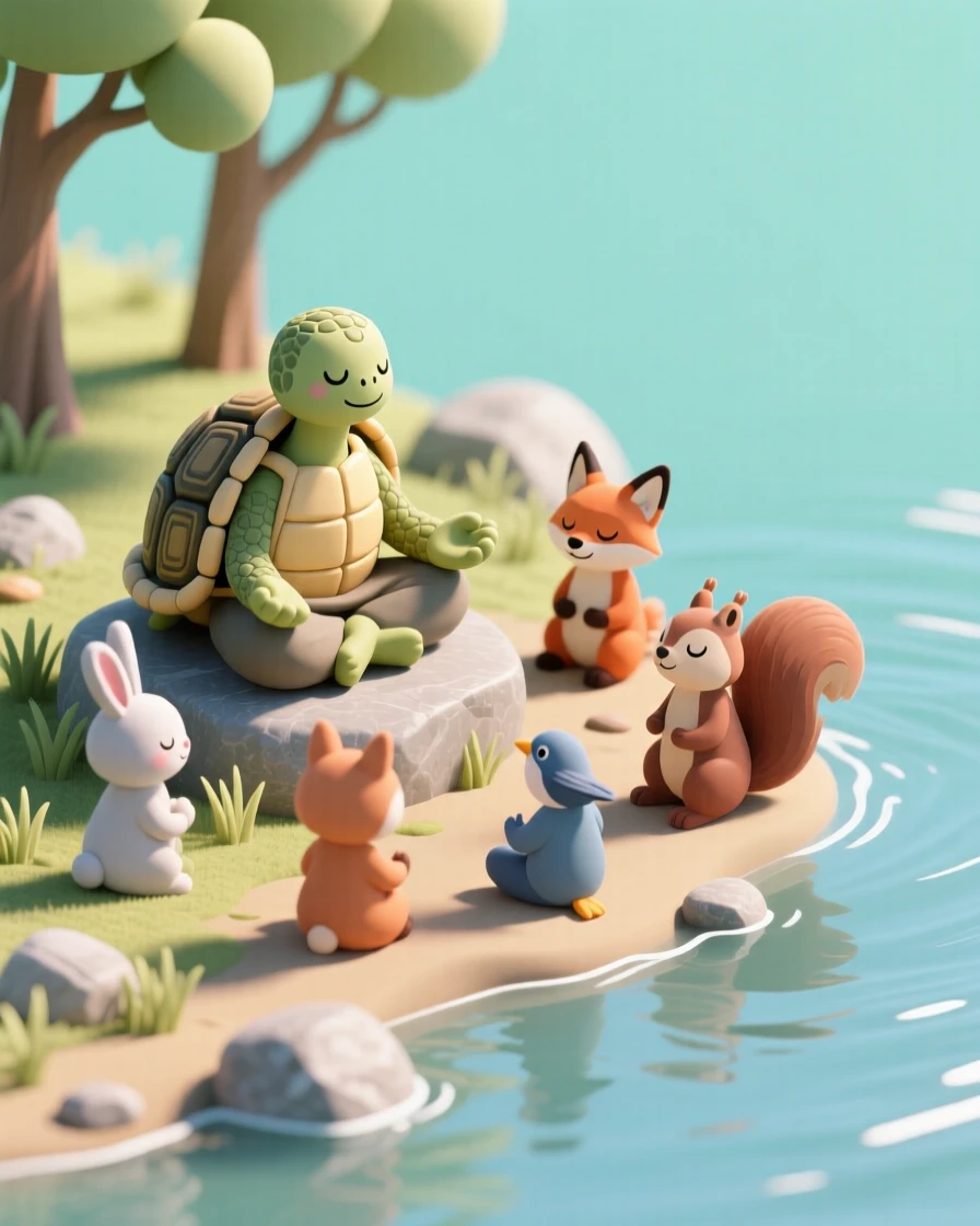 A wise turtle sage teaching meditation to young animals gathered on a sunlit riverbank.